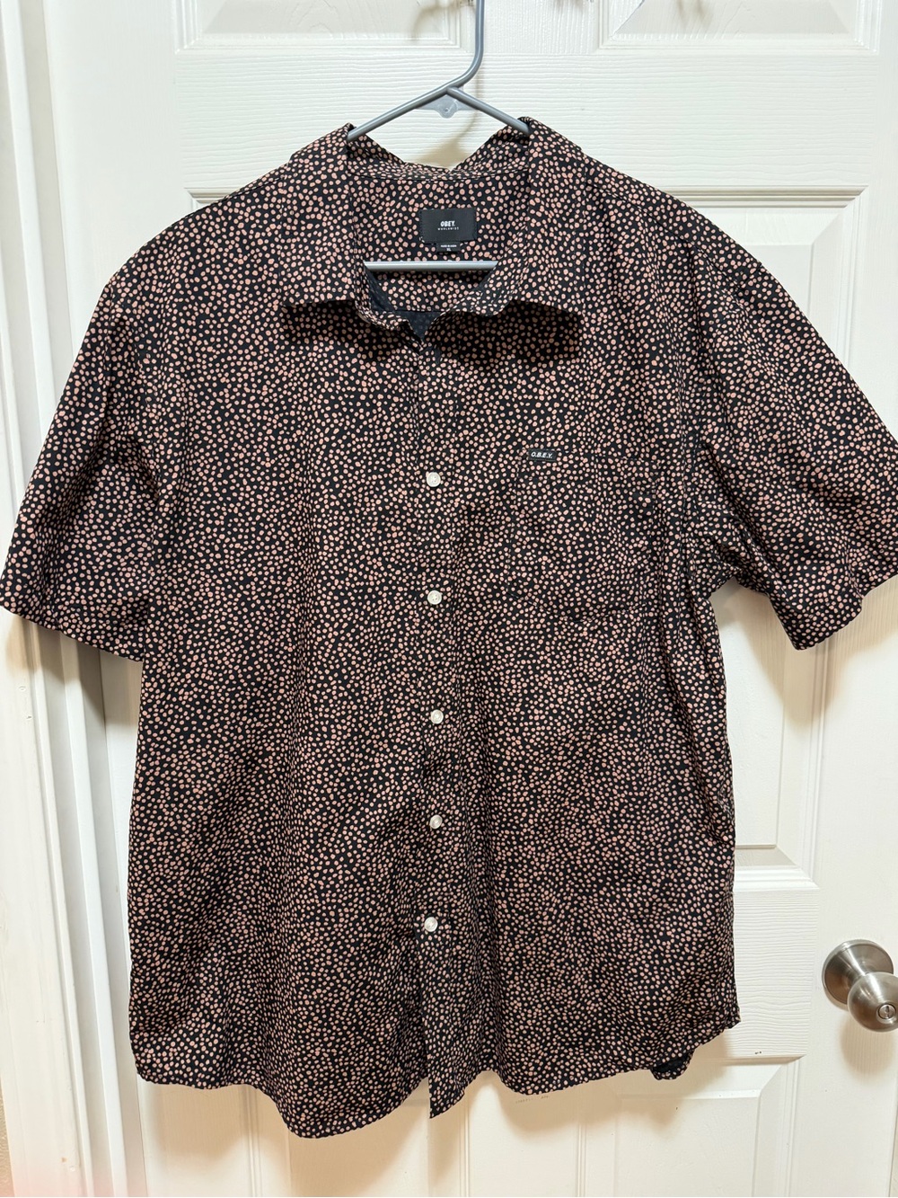 Obey Men’s Short Sleeve Black & Pink Dot Button-Up Shirt